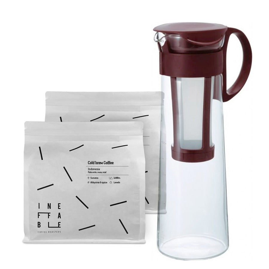Pack de café cold brew con cafetera hario mizudashi de 1 litro y 2 paquetes de 250 gramos de café de especialidad para cold brew