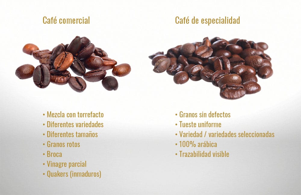 Diferencia en los granos de cafés comerciales y cafés especiales