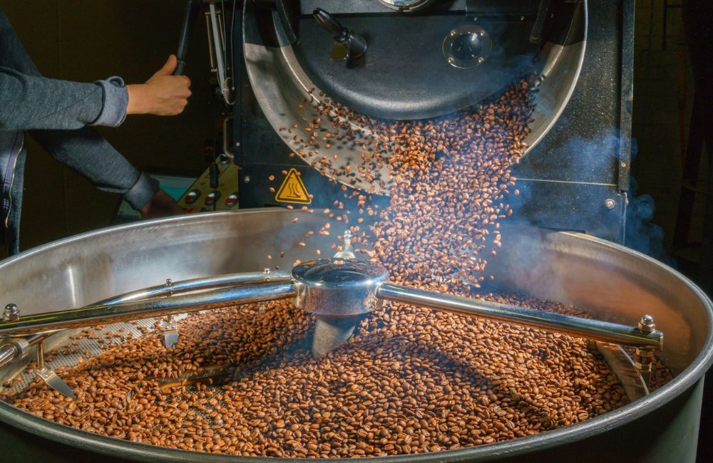 Café recién tostado saliendo de la máquina según parámetros SCA