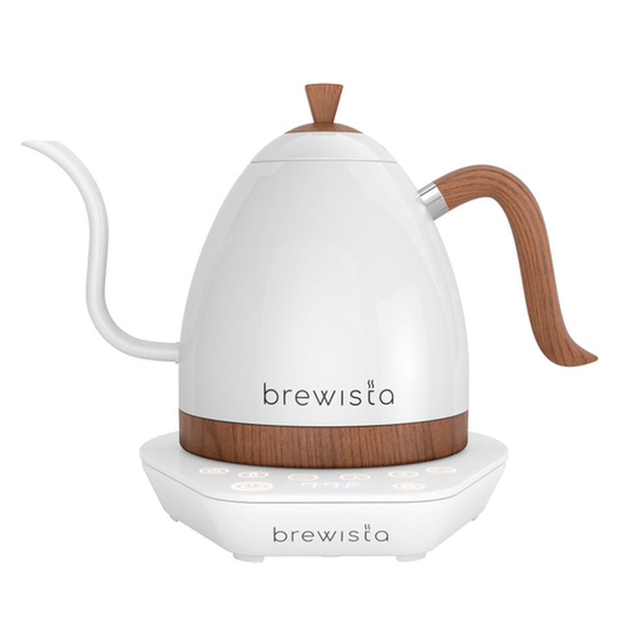 Hervidor de agua con cuello cisne Brewista Artisan blanco con mango de madera