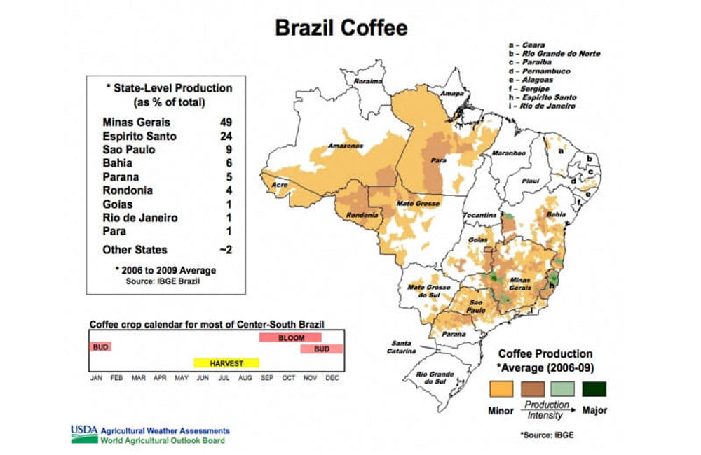 Principales-zonas-de-cultivo-de-café-de-Brasil Mapa de las principales zonas de cultivo de café de Brasil